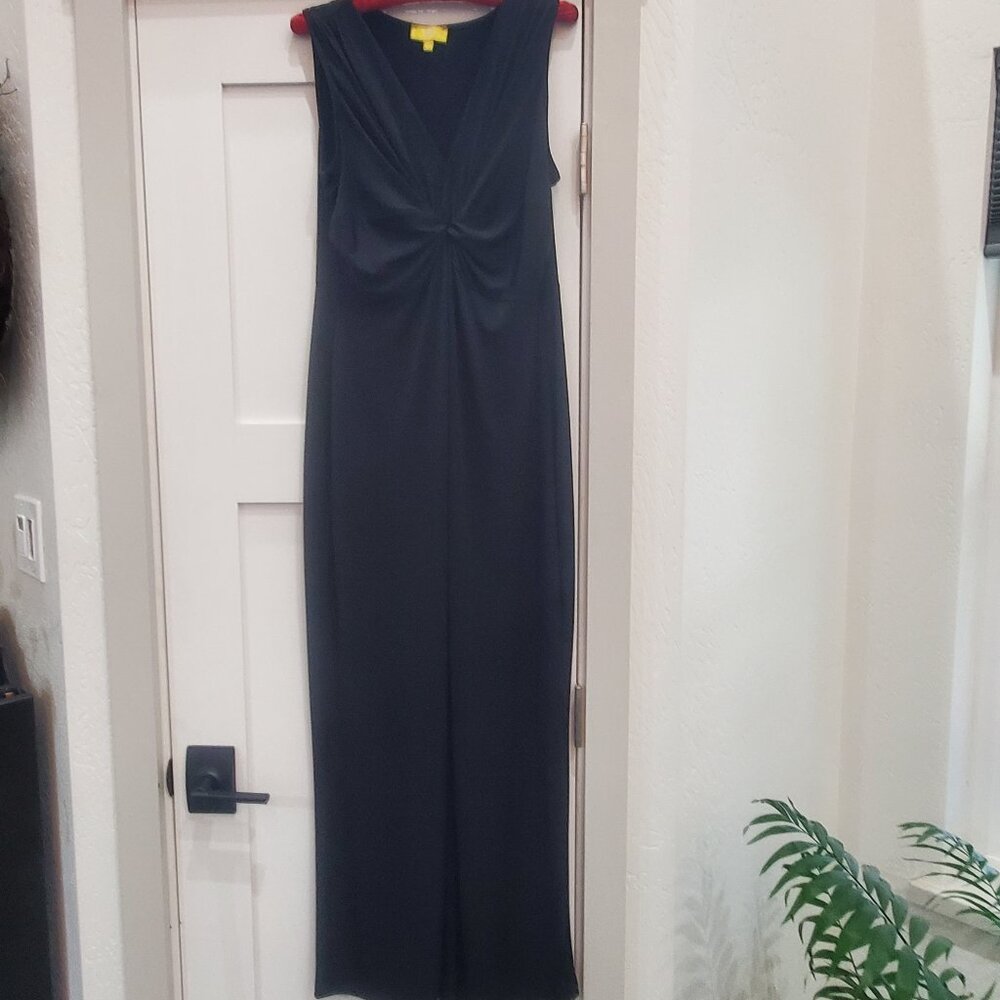 Liz Lange Stretch Knit Black V Neck Gathered Knot Front Maxi Dress Medium